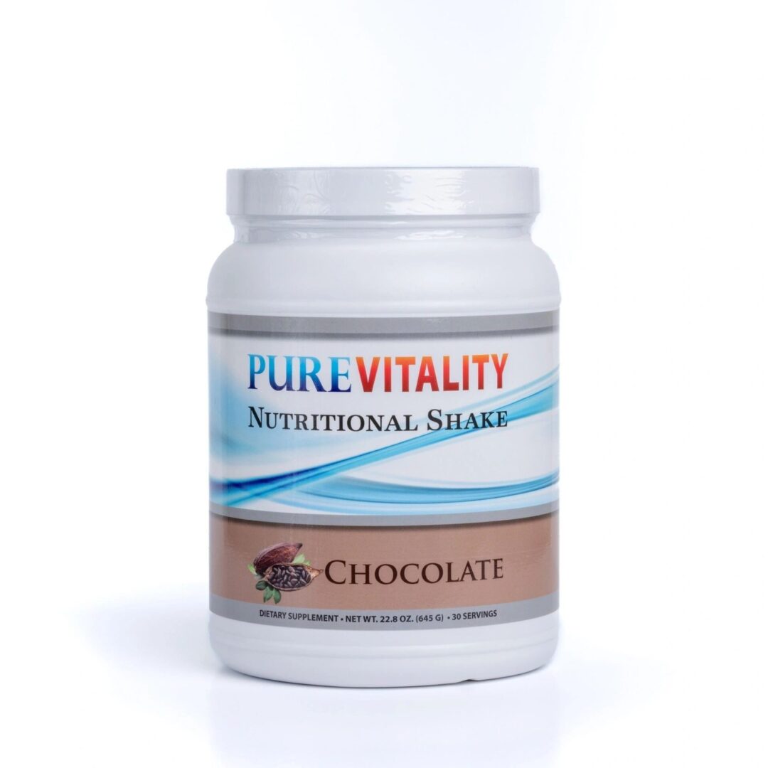 A jar of chocolate flavored nutritional shake.