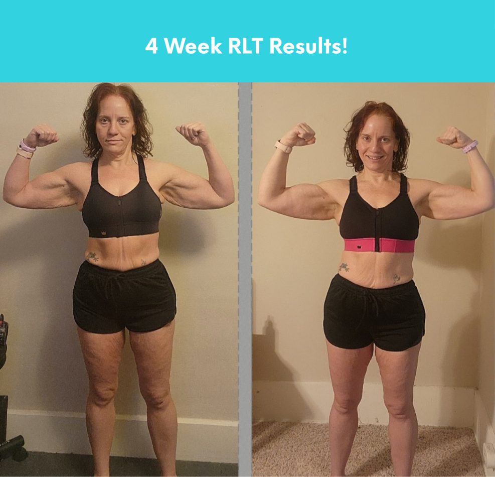 A woman is showing off her muscles in four weeks.